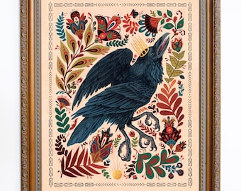 Black Raven framed folk art print wall decor