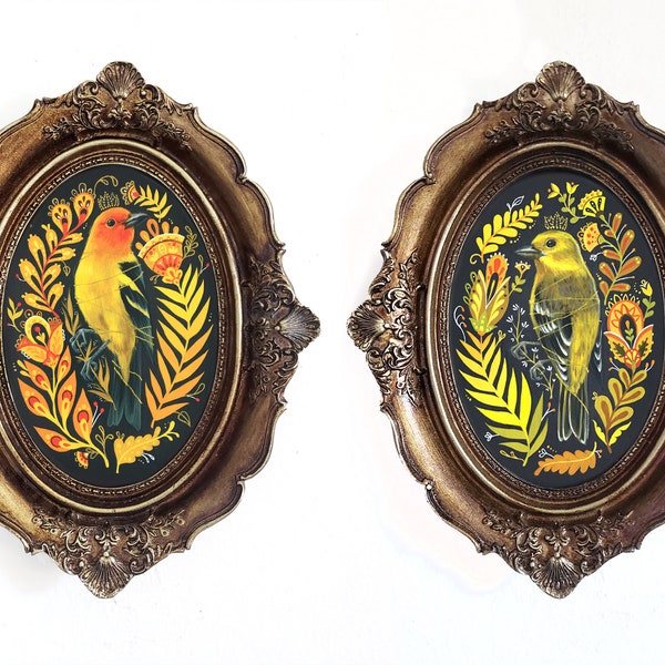 Bird duo pair wall art in antiqued oval frame gothic decor