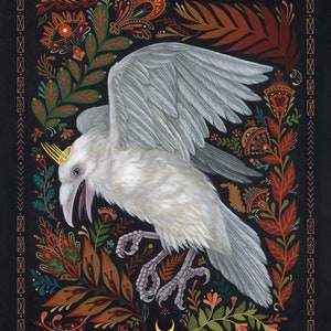 White Raven or Crow Folk Art Print: framed or unframed wall decor