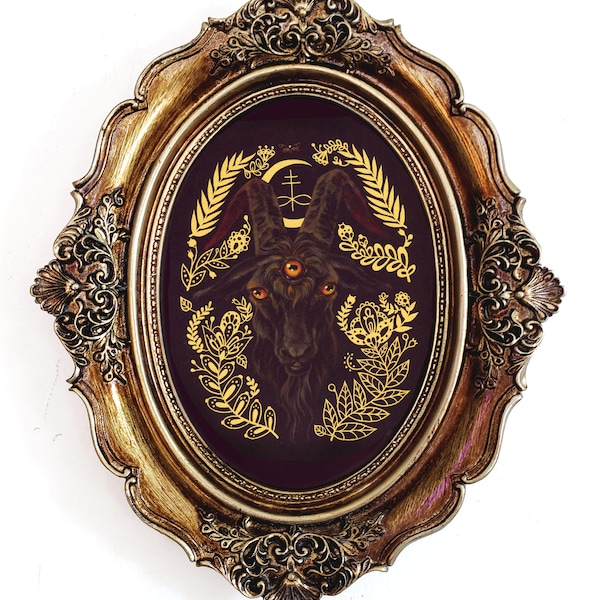 Black Goat wall art in antiqued oval frame gothic decor