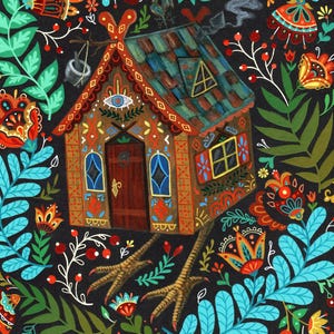 May include: A whimsical illustration of a brown house with a green and blue tiled roof, adorned with intricate orange and red patterns. The house features a door, windows, and an eye symbol. Surrounded by colorful floral and foliage elements on a black background.