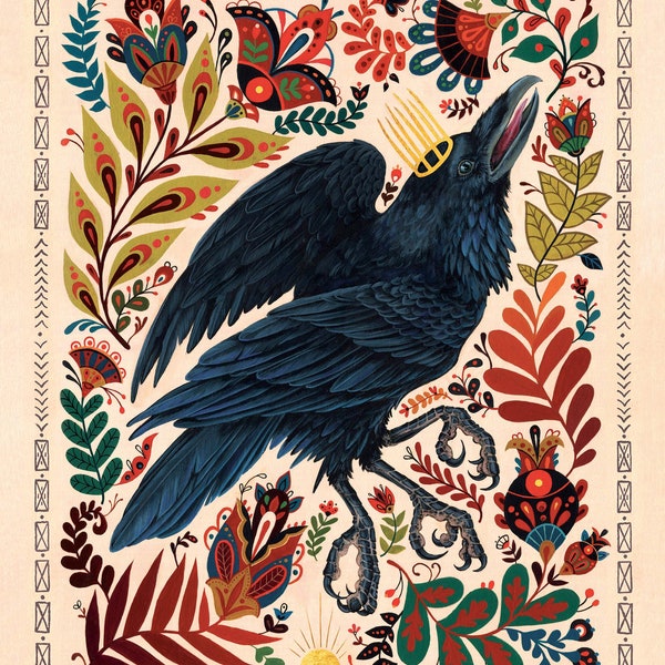 Raven norse folk art print framed or unframed wall art decor