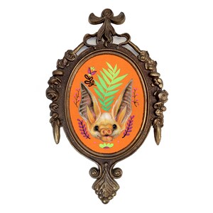 Framed Bat Art Print: Vintage Metal Oval Frame, Gothic Wall Decor