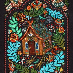 Baba Yaga house folk art wall art print framed or unframed