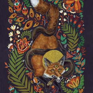 Red fox folk art design wall art print framed or unframed