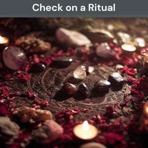 Puede incluir: Una escena mística con velas encendidas, cristales y piedras dispuestas sobre una superficie estampada. La imagen incluye el texto "Check on a Ritual". Pétalos de flores rojas están esparcidos alrededor de los objetos, creando un ambiente cálido.
