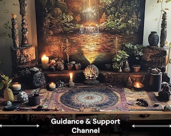 May include: A dimly lit altar with candles, decorative objects, and a painting of a waterfall scene. The text "Guidance & Support Channel" is at the bottom. The altar includes a variety of items, including vases, plants, and carved wooden elements.