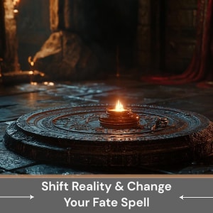 May include: A small, ornate, circular platform with a lit candle in the centre. The platform is made of dark metal and has intricate carvings. The candle is in a small, metal container and is casting a warm glow. The text "Shift Reality & Change Your Fate Spell" is displayed below the image.