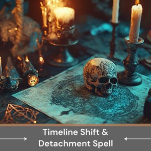 May include: A skull with intricate markings sits on a vintage map surrounded by candles and other occult objects. The text "Timeline Shift & Detachment Spell" is displayed below the image.