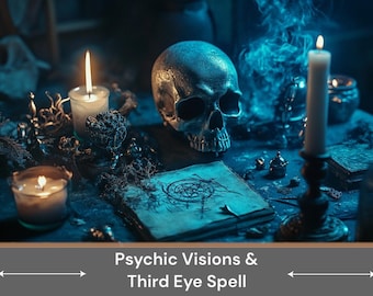 May include: A dark blue table with a skull, candles, and a book with a pentagram symbol. The text "Psychic Visions & Third Eye Spell" is on a brown banner at the bottom of the image.