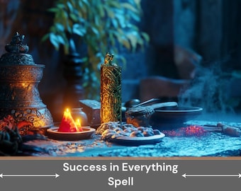 May include: A success in everything spell with candles, incense, and other ritual items on a dark wooden table.