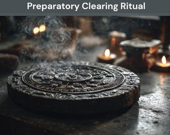 Op de afbeelding: Een close-up van een donker, cirkelvormig object met ingewikkelde gravures, mogelijk een rituele plaat, met de tekst "Preparatory Clearing Ritual" bovenaan. Er stijgt rook op van het object en er staan kaarsen op de achtergrond.