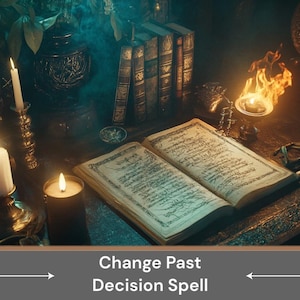 May include: An open book with handwritten text lies on a wooden table with lit candles, a burning incense stick, and a small golden bowl. The book is surrounded by other books and a dark urn. The text on the book reads "Change Past Decision Spell".
