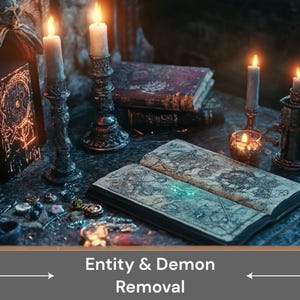 May include: A dark, mystical scene with lit candles, an open book, and a closed book with a glowing symbol on the cover. The scene is set on a dark wooden table with various trinkets and gems scattered around. The text "Entity & Demon Removal" is displayed below the image.