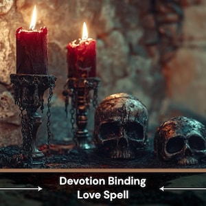 May include: Two red candles are lit and placed on black metal candle holders with chains. Two silver skull figurines are placed in front of the candles. The text "Devotion Binding Love Spell" is displayed below the image.