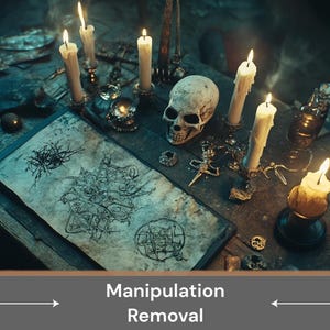 May include: A dark wooden table with a white parchment paper with black ink drawings. There are several lit candles in silver candle holders, a skull, and a small bottle on the table.