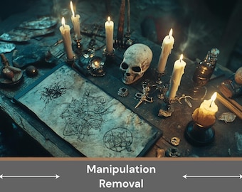 May include: A dark wooden table with a white parchment paper with black ink drawings. There are several lit candles in silver candle holders, a skull, and a small bottle on the table.