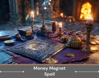 May include: A Money Magnet Spell altar with candles, books, and other magical items. The altar is set on a purple cloth with gold coins scattered around. The text "Money Magnet Spell" is written on a sign below the image.