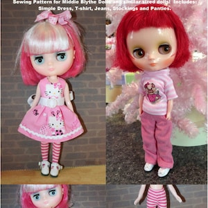 May include: A sewing pattern for Middie Blythe Dolls and similar sized dolls. The pattern includes instructions for making a simple dress, t-shirt, jeans, stockings, and panties. The image shows four dolls wearing the different clothing items.