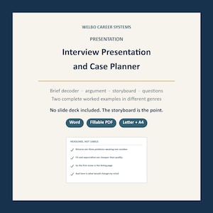 May include: A digital document titled Welbo Career Systems Interview Presentation and Case Planner. It includes sections for brief decoder, argument, storyboard, and questions, with Word, Fillable PDF, and Letter + A4 format options listed.