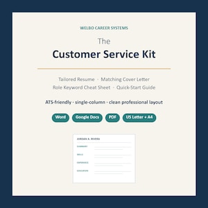 Può includere: Il Customer Service Kit di Welbo Career Systems include un curriculum su misura, lettera di presentazione, foglio di parole chiave e guida rapida. Layout professionale a colonna singola compatibile con ATS in Word, Google Docs e PDF.