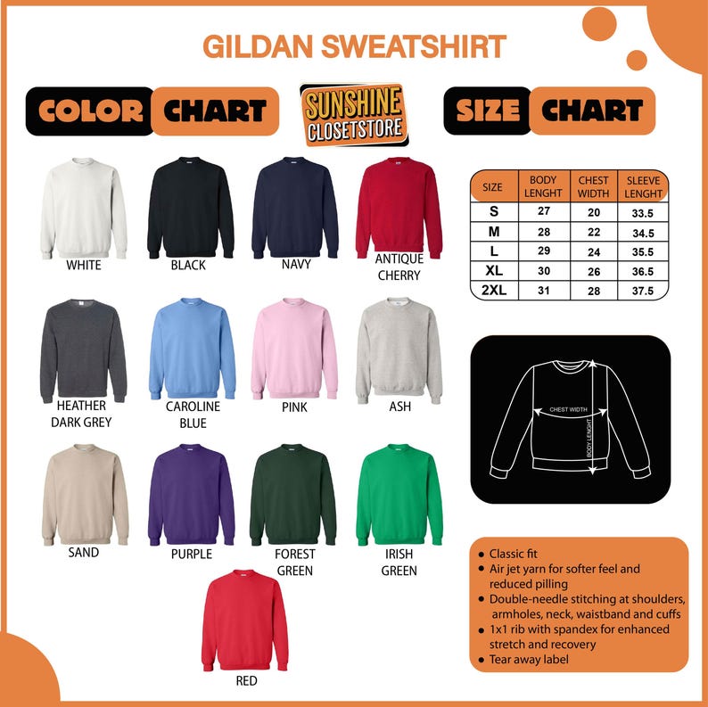May include: A color chart and size chart for Gildan sweatshirts. The color chart displays various sweatshirt colors, including white, black, navy, and red. The size chart shows body length, chest width, and sleeve length measurements in inches for sizes S to 2XL.