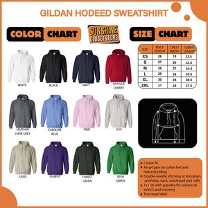 May include: A product image showcasing a Gildan hooded sweatshirt color chart. The chart displays various sweatshirt colors, including white, black, navy, and pink. A size chart is also included, detailing body length, chest width, and sleeve length in inches.