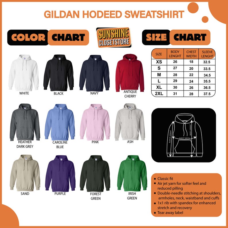 May include: A product image showcasing a Gildan hooded sweatshirt color chart. The chart displays various sweatshirt colors, including white, black, navy, and pink. A size chart is also included, detailing body length, chest width, and sleeve length in inches.