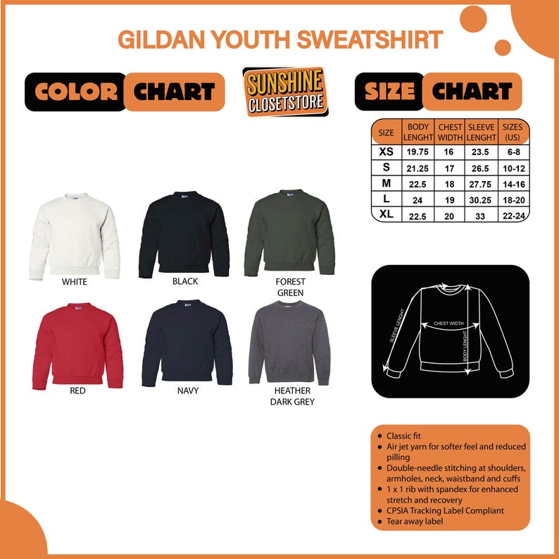 May include: A Gildan youth sweatshirt color chart displays six colors: white, black, forest green, red, navy, and heather dark grey. A size chart shows body length, chest width, and sleeve length in inches, with corresponding US sizes. The sweatshirt features classic fit and tear-away label.