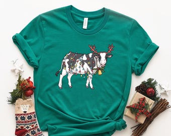 Funny Christmas Cow Shirt, Farm Animal with Lights