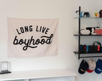 Fabric Tapestry Banner, Long Live Boyhood Original, Kids Wall Art Decor, Childrens Wall Art, Wall Hanging, Wall Tapestry, Boy Wall Art