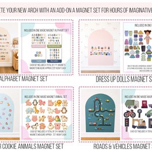 May include: A collection of four magnet sets for wall arches, including an alphabet set with 77 magnets, a dress-up doll set with 30 magnets, a sugar cookie animal set with 74 magnets, and a roads and vehicles set with 18 magnets for play.