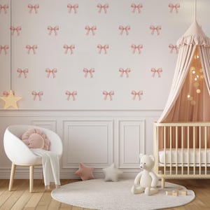 Wispy Pink Bows Wall Decals, Boho Pink Coquette Bow Nursery Wall Decor, Reusable & Removable Fabric Wall Stickers Set