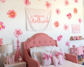 Boho Pink Flowers Watercolor Wall Decals, Wall Decor, Kids Wildflower Room Wall Decals, Reusable & Removable Fabric Wall Sticker