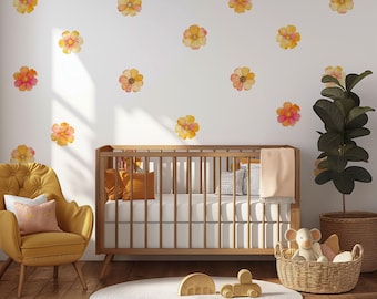 Boho Orange Flower Watercolor Wall Decals, Wall Decor, Kids Room Wall Decals, Reusable & Removable Fabric Wildflower Wall Stickers