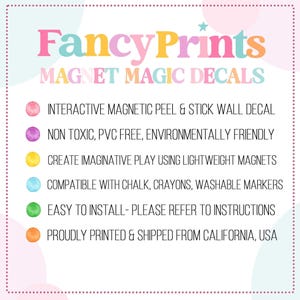 May include: A white informational sign with the text FancyPrints MAGNET MAGIC DECALS in colorful letters. It lists six features: interactive magnetic peel and stick wall decal, non-toxic, PVC free, environmentally friendly, lightweight magnets, compatible with chalk, crayons, and markers, easy to install, and printed in California, USA.