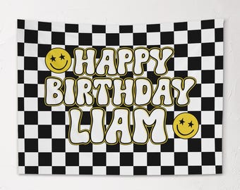 Custom Kids Happy Birthday Banner, Personalized Name, Retro Checkers, Kids Party Decor, Fabric Tapestry, Boys Birthday Wall Art Sign