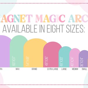 The image is a colorful illustration of a series of sizes of a magnetic arch, ranging from mini to large.