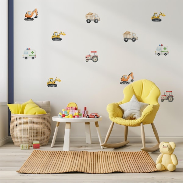 Trucks Wall Decals, Dump Truck, Bulldozer, Construction Wall Decor, Kids Room Wall Decals, Reusable & Removable Fabric Truck Wall Stickers