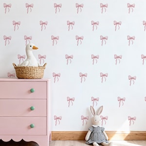 Pink Watercolor Bows Wall Decals, Boho Pink Coquette Bow Nursery Wall Decor, Reusable & Removable Fabric Wall Stickers Set