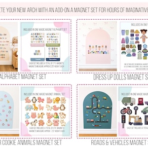 May include: A collection of four magnet sets for wall arches, including an alphabet set with 77 magnets, a dress-up doll set with 30 magnets, a sugar cookie animal set with 74 magnets, and a roads and vehicles set with 18 magnets for play.