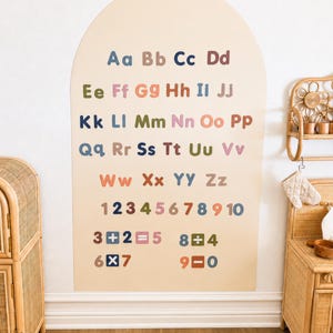 May include: An arched wall decal featuring the alphabet in uppercase and lowercase letters, numbers from 1 to 10, and basic math equations. The characters are printed in various muted colors including blue, brown, green, pink, and orange.