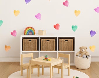 Rainbow Watercolor Hearts Wall Decals, Rainbow Heart Nursery Wall Decor, Reusable & Removable Fabric Wall Stickers Set