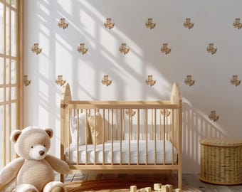 May include: A nursery scene with a light wood crib, a large teddy bear, and a round woven rug. The white wall is decorated with airplane decals. A woven basket and wooden blocks complete the room's decor.
