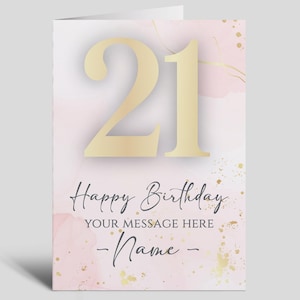 Carte de 21 ans personnalisée pour femme - 21e carte d'anniversaire pour petite-fille, soeur nièce, amie. Motif marbré rose poudré et doré