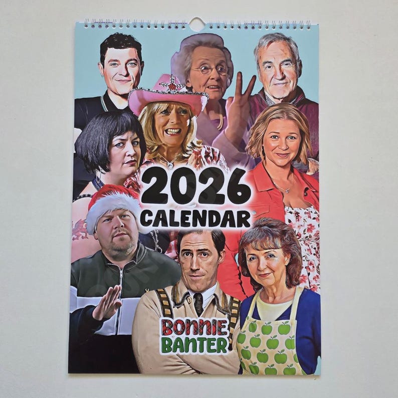 May include: A 2026 calendar with a spiral binding, featuring a collage of portraits. The word "CALENDAR" is below the large "2026" text. The bottom of the calendar has the words "BONNIE BANTER" in a green and red design.