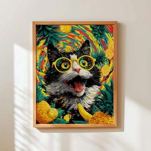 Psychedelic Cat Wall Art Printable, Funny Digital Poster with Pineapples, Retro Colorful Decor, Surreal Humor Instant Download
