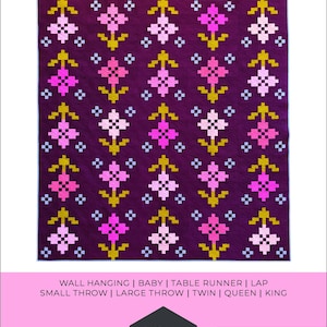 Puede incluir: Un patrón de edredón titulado PANSY PATCH de Brittany Lloyd que presenta un fondo morado oscuro con un diseño floral pixelado repetitivo en tonos rosa, azul claro y amarillo mostaza. El documento enumera nueve tamaños e incluye la marca Lo & Behold Stitchery.