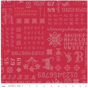 Könnte beinhalten: Ein roter Stoff mit einem weißen Muster aus Buchstaben, Zahlen und Symbolen. Das Muster umfasst das Alphabet, die Zahlen von 0 bis 9 und verschiedene Symbole wie Sterne und Pfeile. Der Stoff ist ein sich wiederholendes Muster.