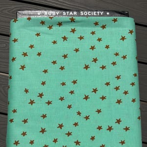 May include: A mint green fabric featuring a repeating pattern of small brown stars scattered across the surface. The top edge of the fabric is secured with a black label printed with the white text RUBY STAR SOCIETY.